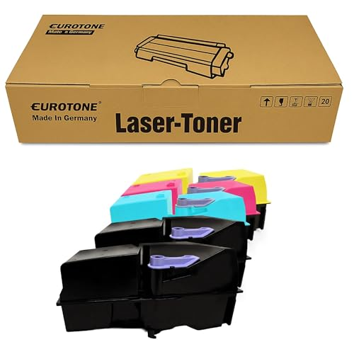 Eine braune Eurotone Laser-Toner Box vor mehreren bunten Tonerkartuschen.