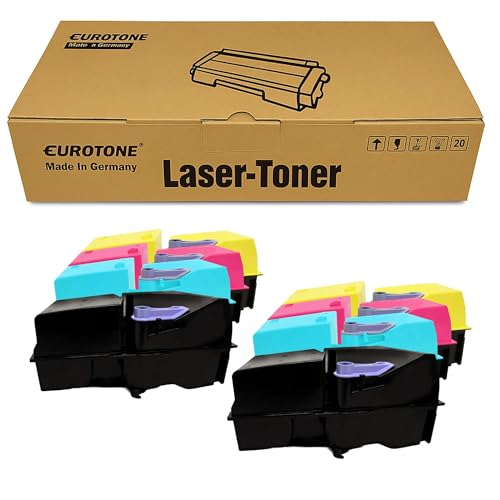 Eine Eurotone Laser-Toner Schachtel mit zwei Gruppen von bunten Tonerkartuschen in Schwarz, Cyan, Magenta und Gelb.