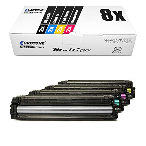 Eurotone Multipack-Box und acht schwarze und farbige Tonerkartuschen auf weißem Hintergrund.