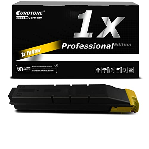 Eine schwarze Eurotone Tonerbox, gelbe Edition, mit passender Tonerkassette davor.