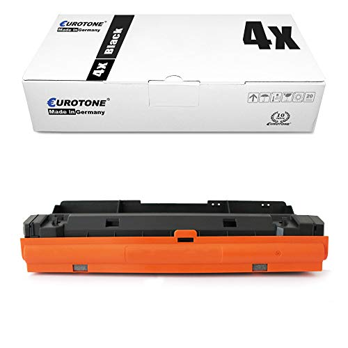 Eine weiße Eurotone-Verpackungsbox und eine orange-schwarze Tonerkassette auf weißem Hintergrund.