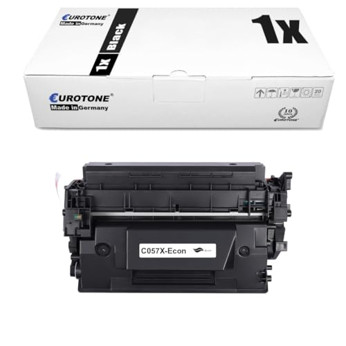 Eine schwarze Tonerkassette C057X-Econ liegt unter ihrer weißen Eurotone-Verpackung.