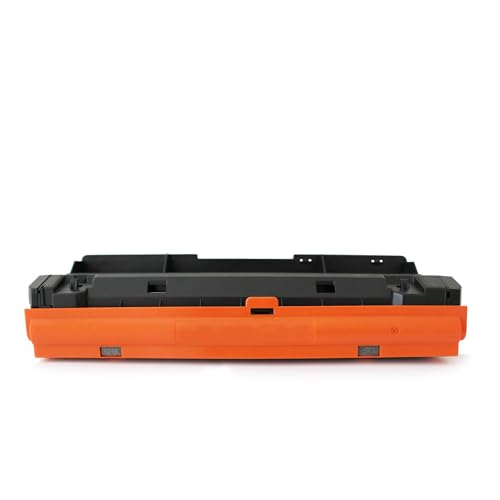 Eine orange und schwarze Tonerpatrone vor einem weißen Hintergrund.