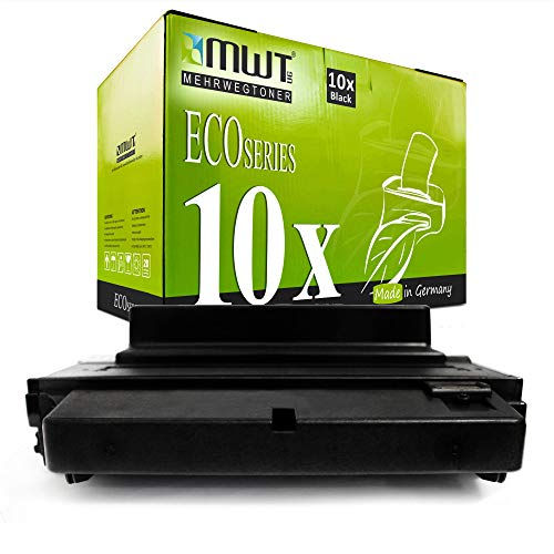 Schwarze Tonerkassette vor einer grünen MWT Eco Series Box.