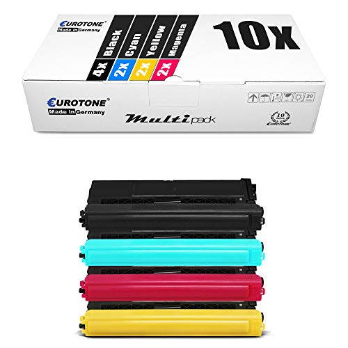 Eurotone Multipack mit 10 Drucker-Tonerkartuschen in Schwarz, Cyan, Magenta und Gelb, darunter angeordnet.