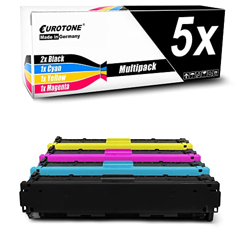 Eurotone 5er-Multipack Toner in Schwarz, Cyan, Gelb und Magenta vor einer Verpackungsbox auf weißem Hintergrund.
