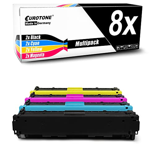 Eurotone 8x Multipack-Box mit schwarzen, cyan, gelben und magentafarbenen Tonerpatronen darunter.