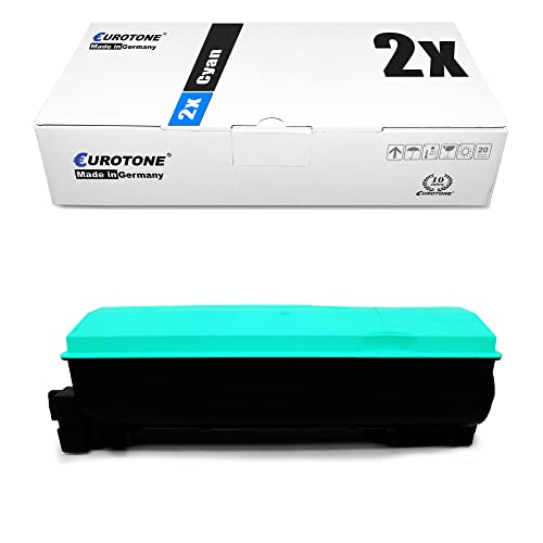 Cyanfarbene Tonerkassette und dazugehörige weiße Verpackungsschachtel mit Eurotone-Logo.