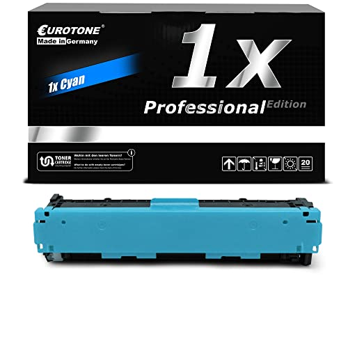 Eine cyanfarbene Drucker-Tonerkartusche vor ihrer schwarzen Verpackungsbox.