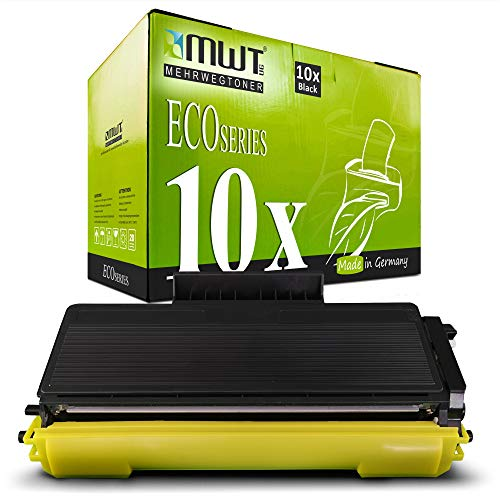 Schwarze Tonerkassette mit gelbem Schutz und grüner MWT-Eco-Serie Verpackung im Hintergrund.