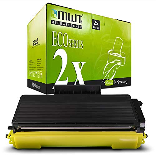 Eine schwarze Druckertoner-Patrone liegt vor einer grünen MWT Eco Series Verpackung.
