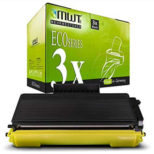Schwarze Tonerkassette mit gelber Schutzkappe vor einer grünen MWT-Eco-Series-Verpackung.