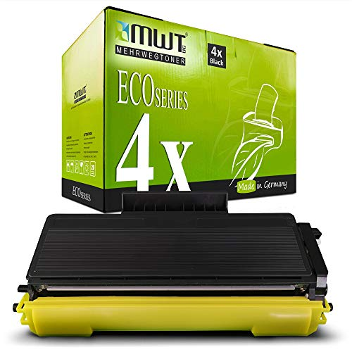 Eine schwarze Tonerkassette mit gelbem Schutzclip liegt vor einer grünen MWT-EcoSeries Produktverpackung.