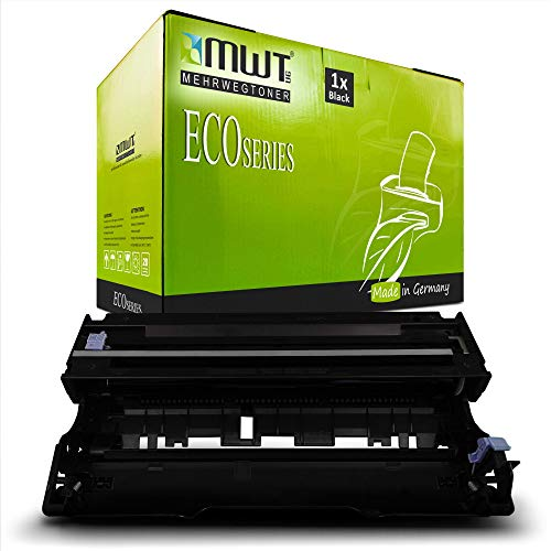 Eine schwarze Druckertrommel steht vor einer grünen MWT EcoSeries Verpackungsbox.