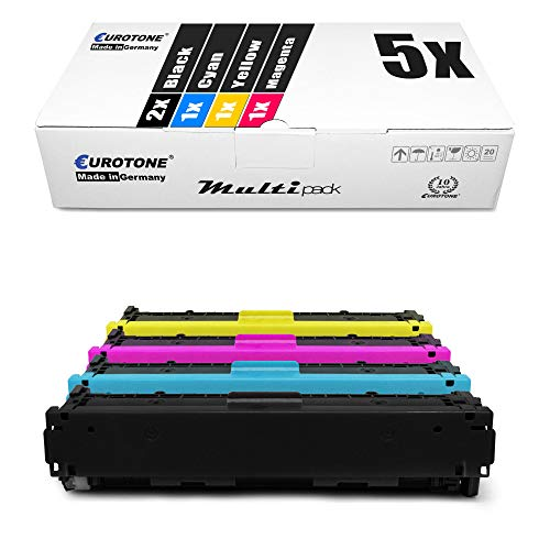 Eurotone Multipack mit fünf Tonerkassetten in Schwarz, Cyan, Gelb und Magenta vor einer weißen Verpackung.