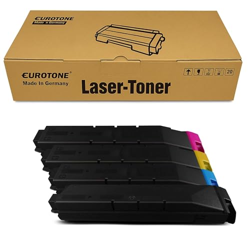Eurotone Lasertoner-Kartons mit vier farbigen Tonerkartuschen darunter vor weißem Hintergrund.