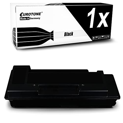 Eine schwarze Tonerpatrone und die dazugehörige weiße Verpackung mit Aufschrift '1x' und 'Black'.
