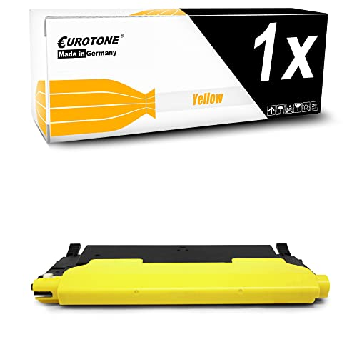 Gelbe Eurotone Toner-Patrone mit ihrer weißen Verpackung auf weißem Hintergrund.