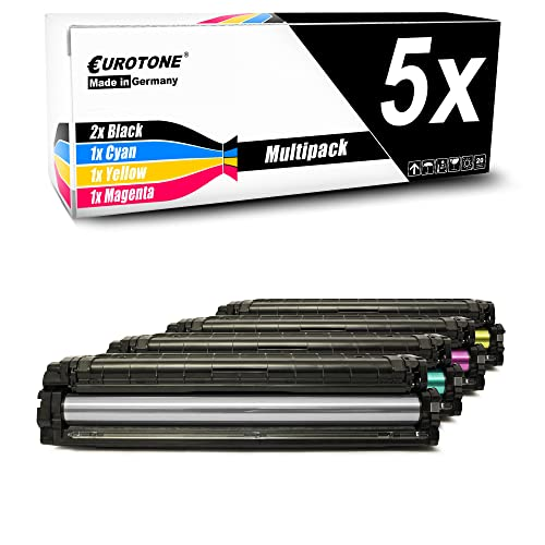 Fünfschichtige Eurotone Toner-Multipackung mit Karton und vier Tintenpatronen unten.