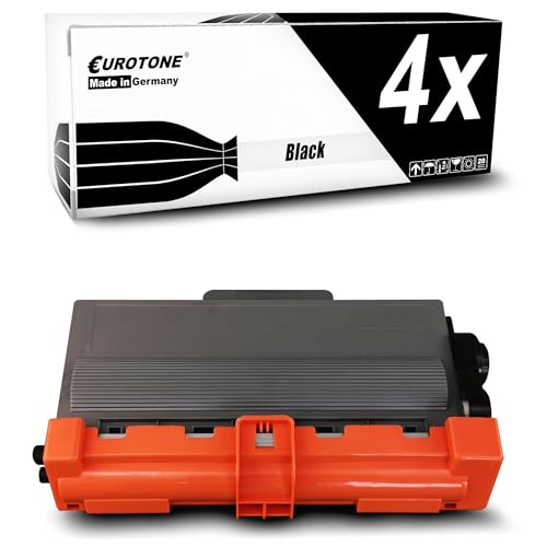 Eine schwarze Drucker-Tonerkassette mit orangefarbener Schutzabdeckung unter einer weißen Verpackung.