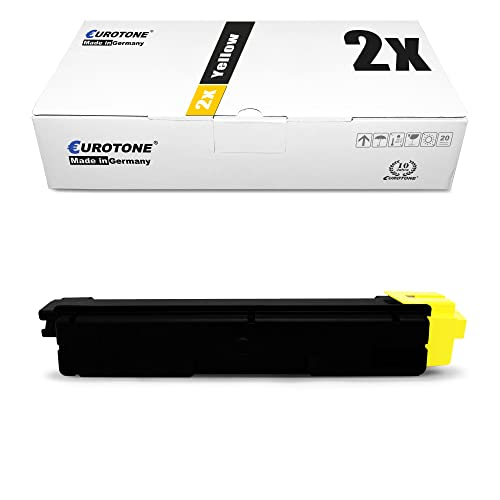 Eine weiße Eurotone-Verpackungsbox für gelben Toner mit einer passenden schwarzen Tonerkassette davor.