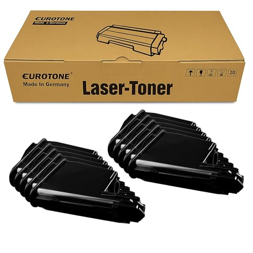 Eurotone Lasertoner-Kartons mit zwei Stapeln schwarzer Tonerpatronen davor.