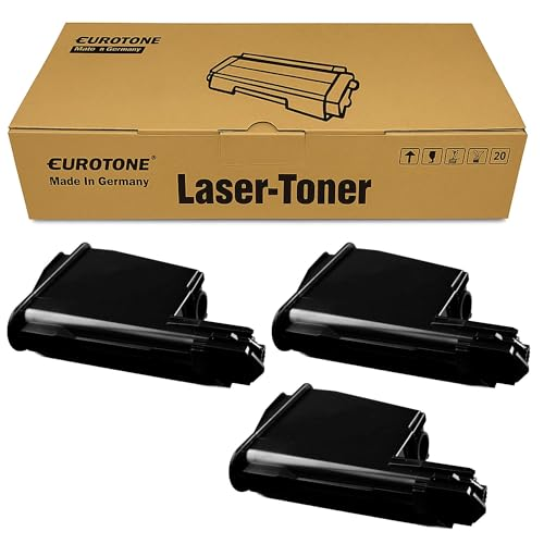 Eine Eurotone Laser-Toner Schachtel und drei schwarze Tonerpatronen auf weißem Hintergrund.