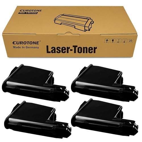 Eurotone Lasertoner-Kartons mit vier passenden schwarzen Tonerkartuschen ordentlich vorne auf weißem Hintergrund angeordnet.