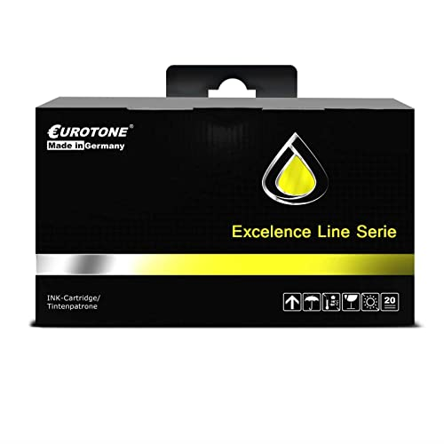 Schwarze Eurotone Tintenpatronen-Verpackung mit gelbem Wassertropfen-Logo und gelben Akzenten.