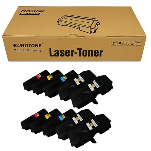 Eine Eurotone Lasertoner Pappschachtel mit zehn schwarzen und bunten Tonerkartuschen davor.