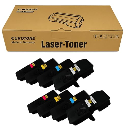 Ein Eurotone Laser-Toner Karton mit acht schwarzen Tonerkartuschen davor auf weißem Hintergrund.