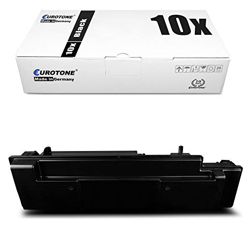Eine schwarze Tonerkassette liegt vor einer weißen Eurotone-Verpackung mit der Aufschrift 10x Black.