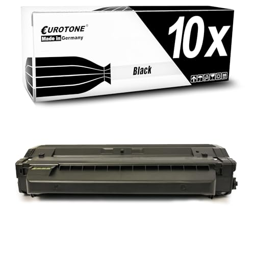 Eine schwarze Druckerpatrone vor einer Verpackung mit der Aufschrift 10x Black und Eurotone.