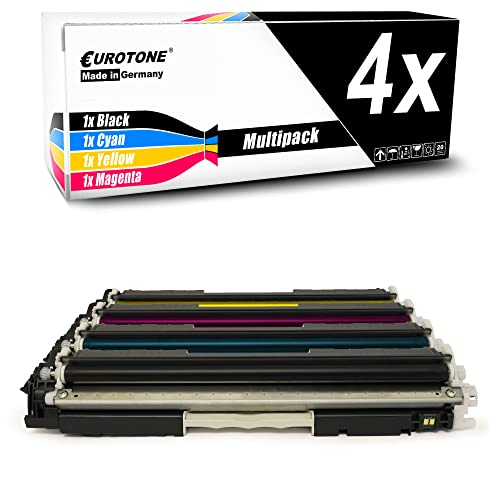 Eine Eurotone Druckerpatronen-Verpackung mit vier Tonerkassetten in Schwarz, Cyan, Gelb und Magenta davor.