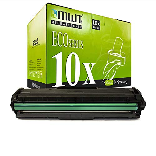 Eine schwarze Tonerkassette liegt vor einer großen grünen MWT Eco Series Produktverpackung.
