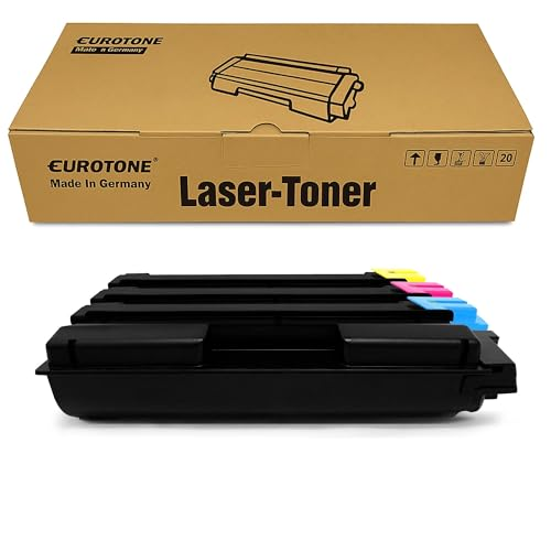 Eurotone Lasertoner-Schachtel mit vier schwarzen Tonerkassetten davor auf weißem Hintergrund.