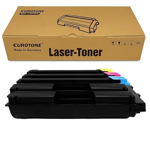 Eurotone Lasertoner-Schachtel mit vier schwarzen Tonerkartuschen und farbigen Kappen.