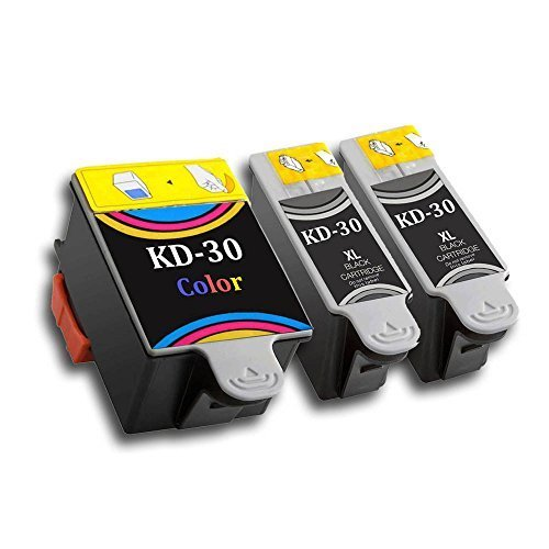 Drei KD-30 Tintenpatronen: eine farbige und zwei schwarze XL-Patronen auf weißem Hintergrund.