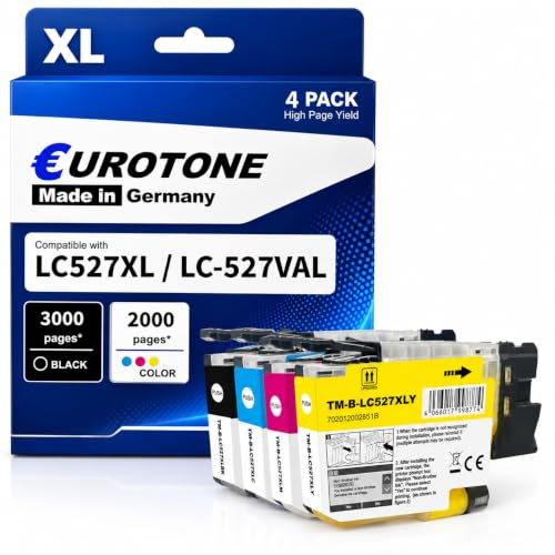 Blaue Eurotone Verpackung mit vier Tintenpatronen in Schwarz, Cyan, Magenta und Gelb.