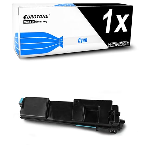 Cyan Tonerpatrone und Verpackung von Eurotone vor weißem Hintergrund.