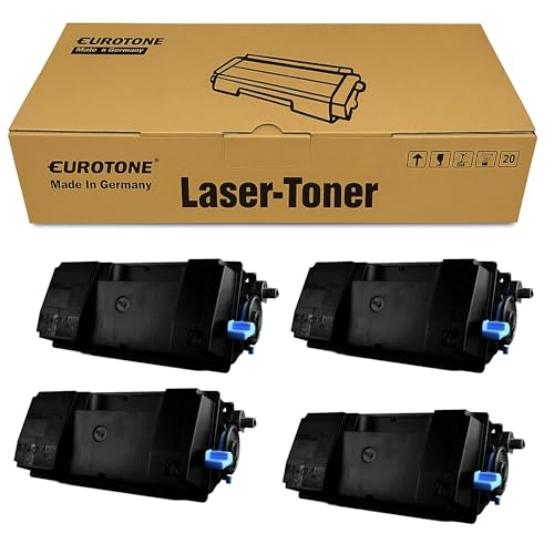 Eine große braune Kartonverpackung mit dem Aufdruck Eurotone Laser-Toner und vier schwarze Tonerkartuschen davor.