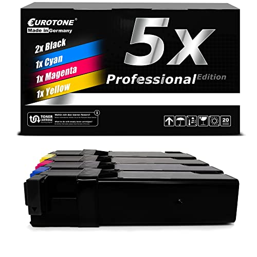 Eurotone-Tonerkartuschen-Packung mit fünf Patronen in Schwarz, Cyan, Magenta und Gelb vor einer schwarzen Box.