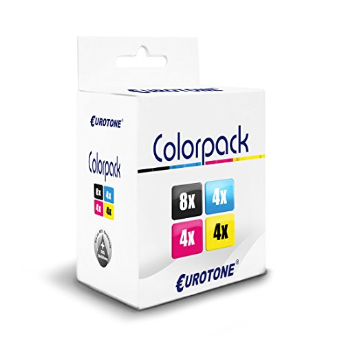 Eine weiße Eurotone Colorpack-Schachtel mit schwarzen, cyan-, magenta- und gelben Tintenpatronen-Symbolen auf weißem Grund.