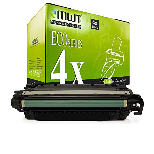 Eine schwarze Tonerkassette liegt vor einer großen grünen MWT Eco Series Kartonverpackung.