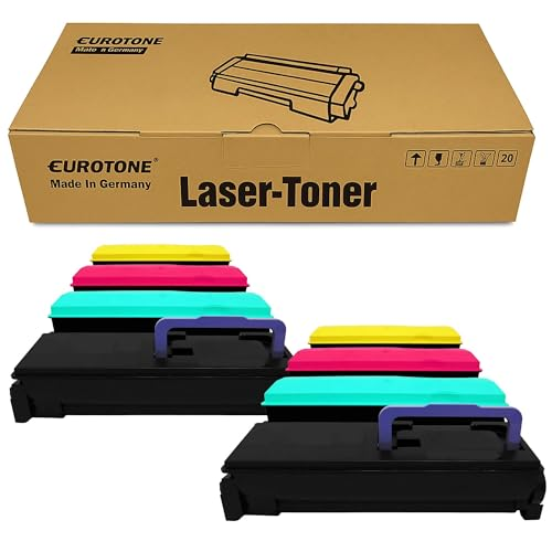 Eine braune Eurotone Lasertoner-Box mit zwei Sets von jeweils vier farbigen Tonerkartuschen davor.