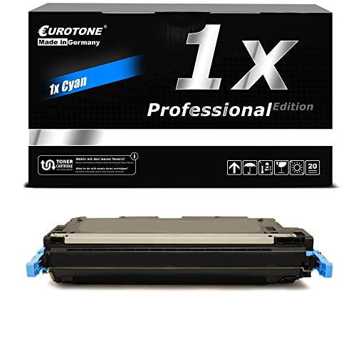 Eine schwarze Eurotone-Tonerkassette-Box mit Cyan-Aufschrift und die dazugehörige schwarze Tonerkassette mit blauen Griffen.