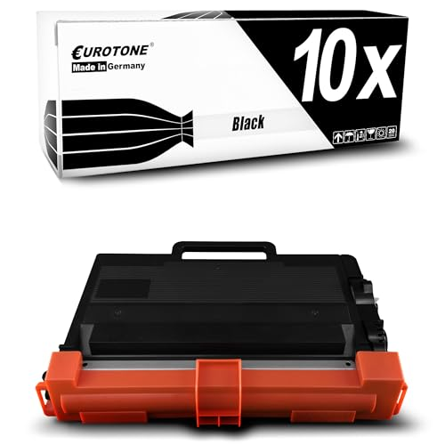 Eine schwarze Tonerkassette mit orangefarbener Schutzhülle und die dazugehörige Produktverpackung.