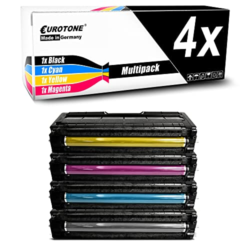Eine Multipack-Box mit vier Eurotone-Tonerkassette in Gelb, Magenta, Cyan und Schwarz, darunter gestapelt.