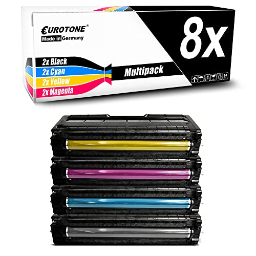 Eurotone Multipack mit acht Druckerpatronen in Schwarz, Cyan, Gelb und Magenta sowie der dazugehörigen Verpackung.