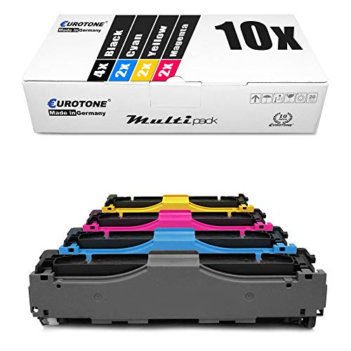 Eine Eurotone Multipack-Box über zehn Druckerpatronen in Schwarz, Cyan, Gelb und Magenta auf weißem Hintergrund.